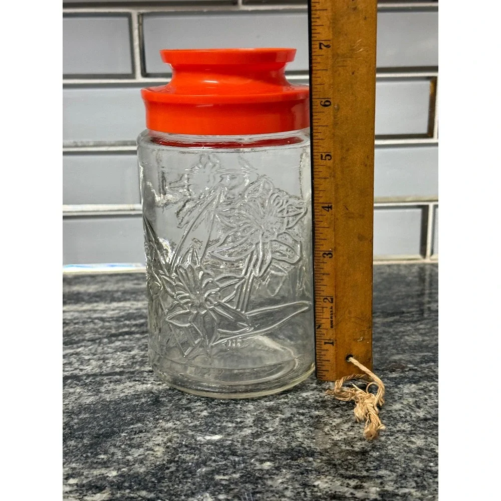 Vintage Anchor Hocking Daffodils Glass Jar with Orange Lid Retro Kitchen Storage